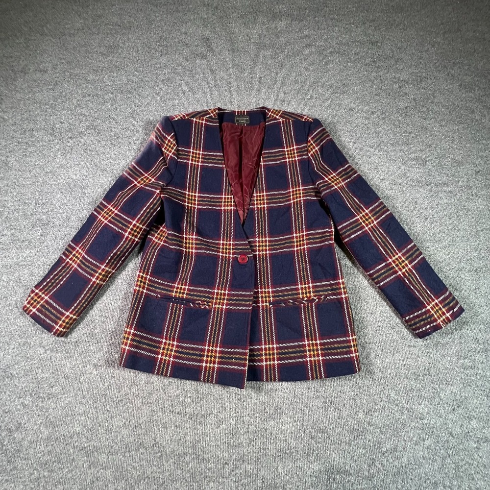 Vintage Southern Lady Blazer Coat Women's 14 Red Wool Plaid Shawl-Lapel Preppy